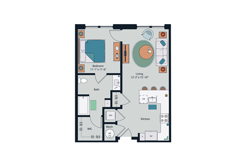 Floor plan for 1 bed, 1 bath, 764 sqft